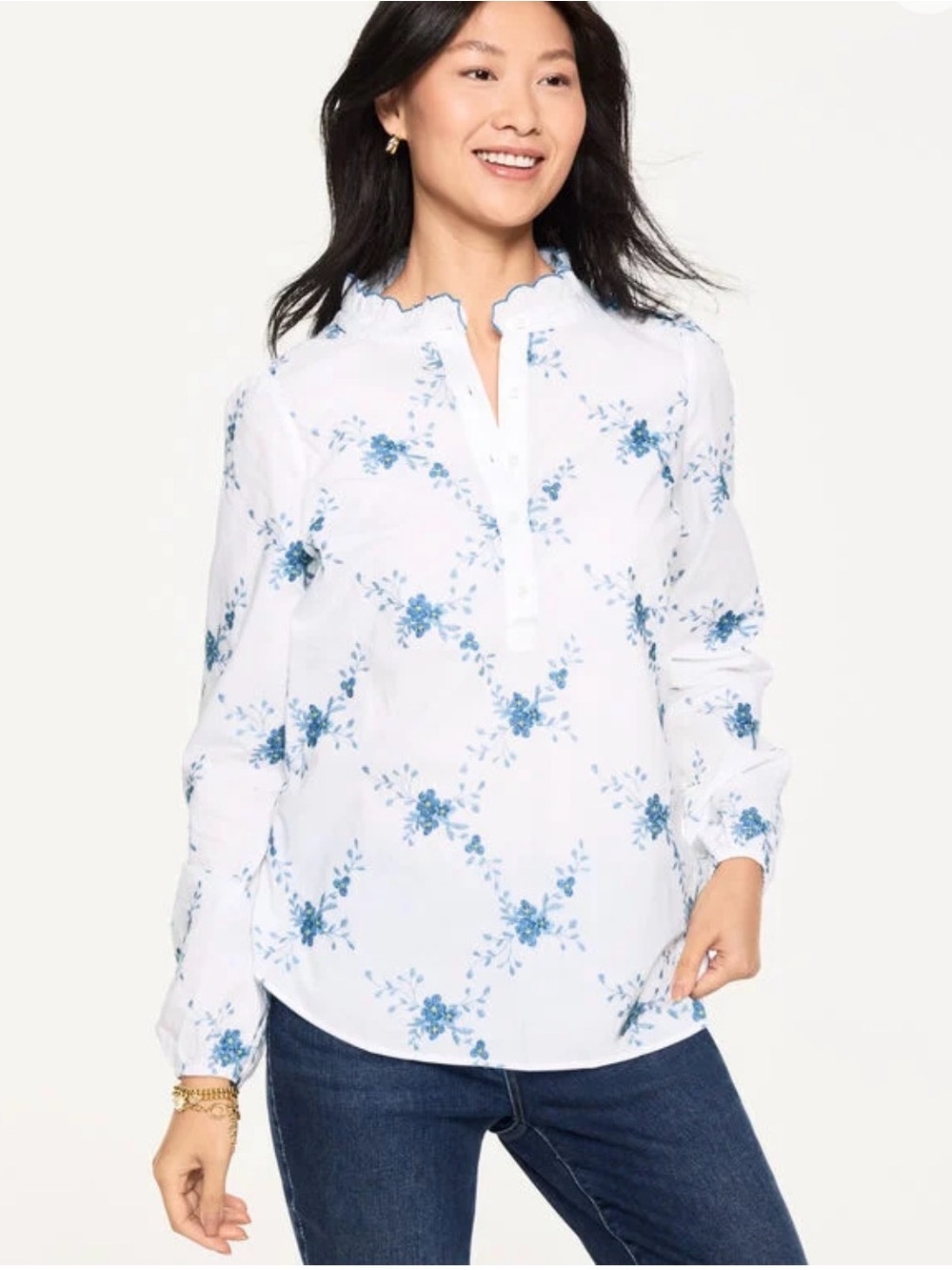 NWT Talbots White Blue Floral Embroidered Ruffle Collared  Blouse M 100% Cotton
